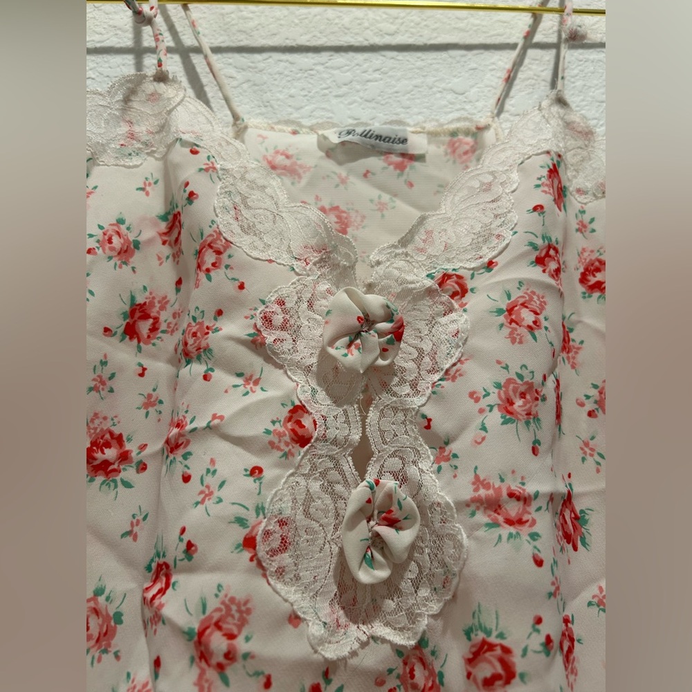 Pollinaise Vintage Red white Floral Lace silk satin Chemise cami slip tank top - Picture 3 of 8